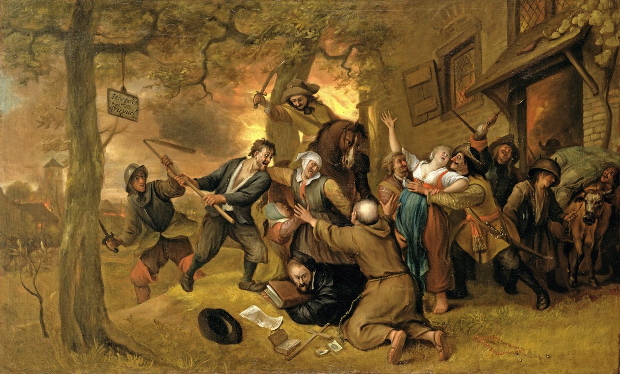 Bønder og soldater uden for et værtshus - en allegori over voldtægten af Holland swed av Jan Havickszoon Steen