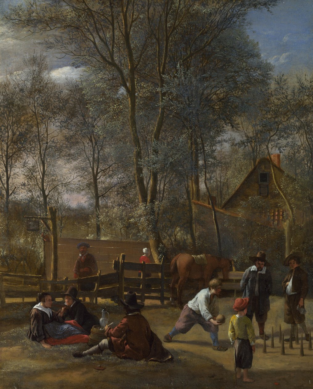Skittle-spelare utanför ett värdshus, ca 1660-63 av Jan Havickszoon Steen