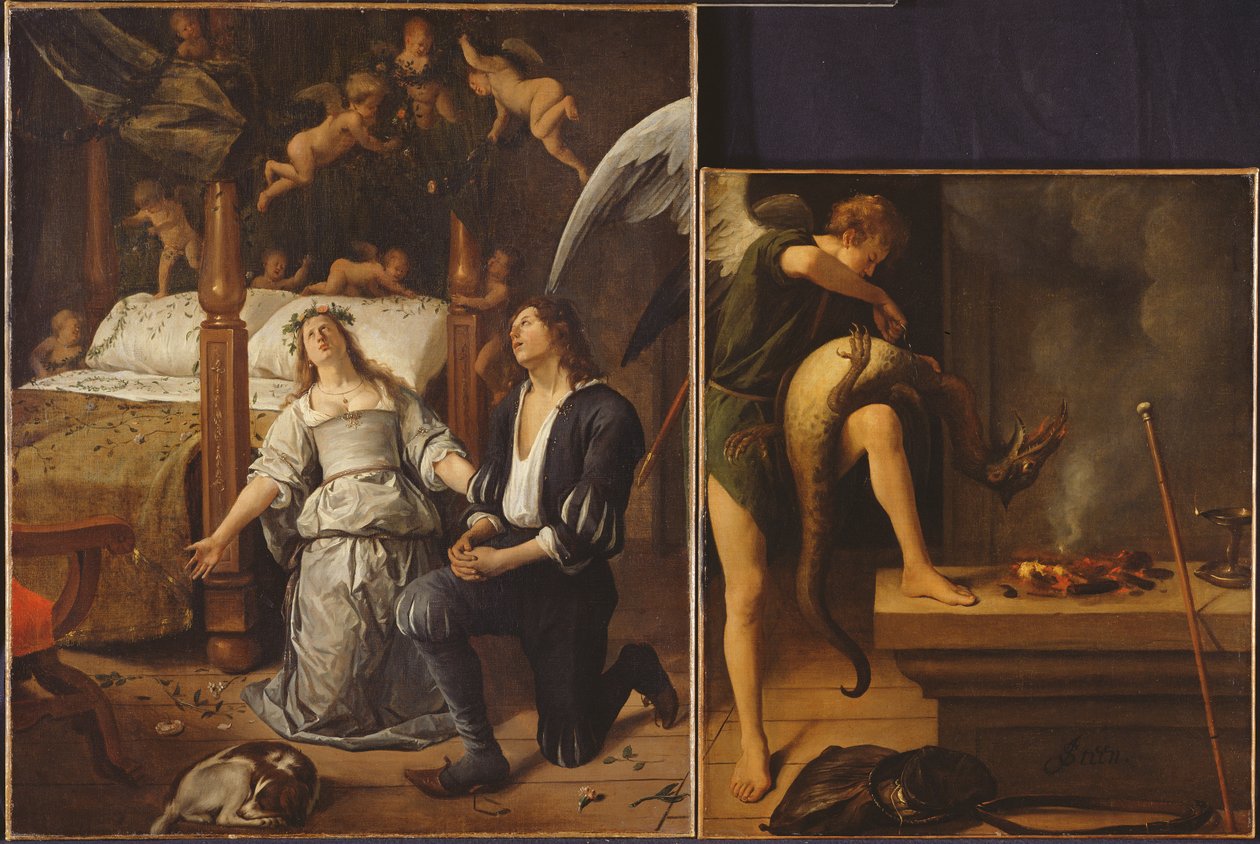 Tobias och Sarah med ärkeängeln Rafael som driver ut demonen Asmodeus, återmonterad från två separerade fragment (för restaurerad version se 85367) av Jan Havickszoon Steen