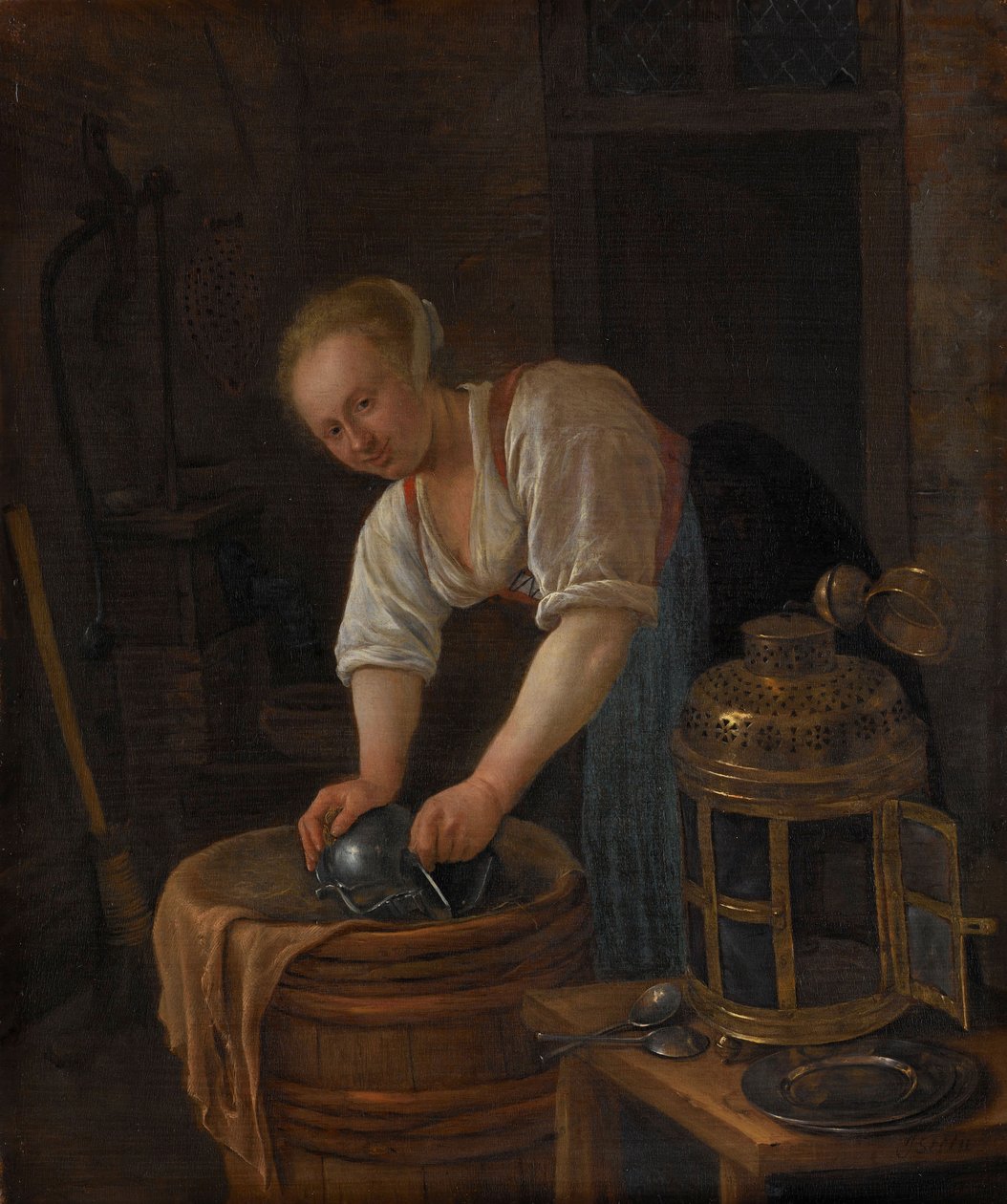 Kvinna som skurar metallvaror, 1650-60 av Jan Havickszoon Steen