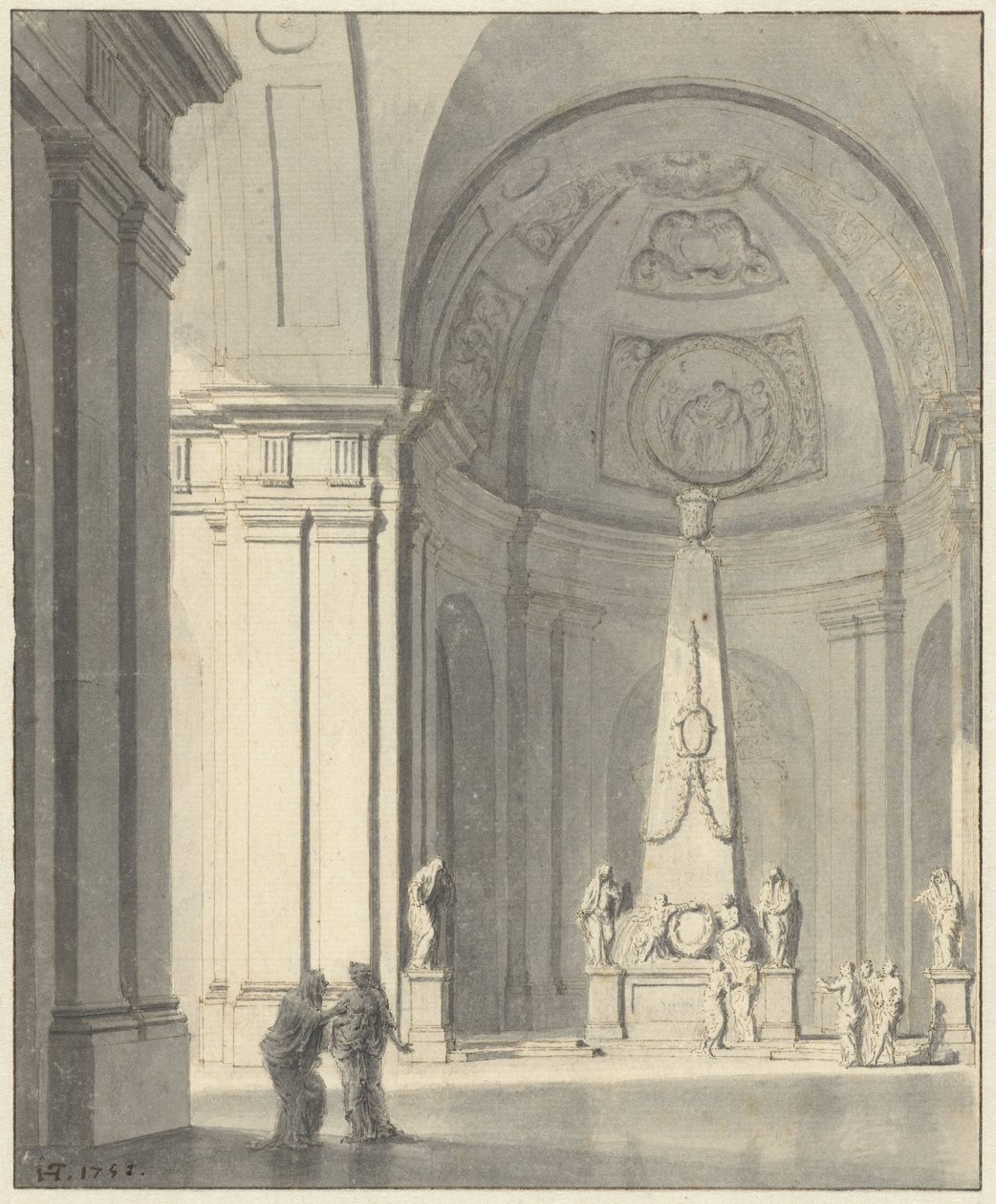 Stor välvd sal med ett gravmonument av Jan Hendrik Troost van Groenendoelen