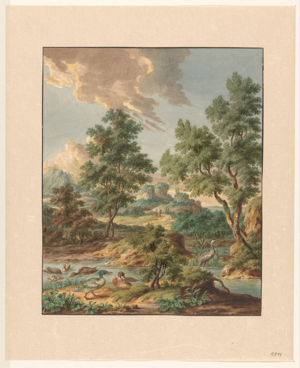 Landskap med sjöfåglar i en damm av Jan Hendrik Troost van Groenendoelen