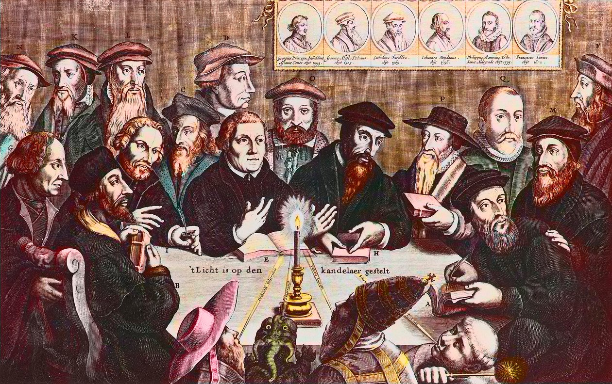 Ljuset placeras på ljusstaken - Gravyr av Jan HOUWENS som visar reformatorerna - John Calvin och Martin Luther Imaginary Meeting of Reformist Leaders: John Wyclif (eller Wycliff eller Wycliffe av Jan Houwens