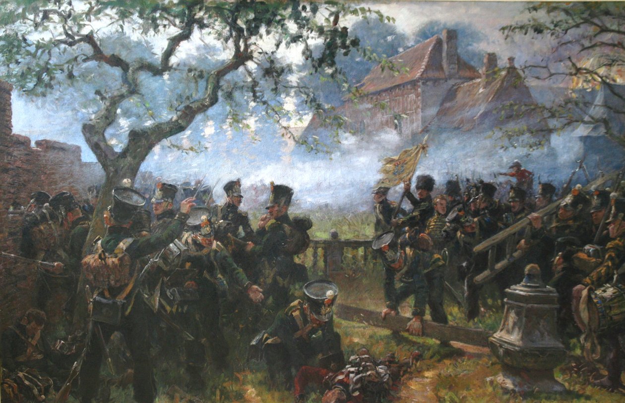 Nassau-trupper vid Hougoumont under slaget vid Waterloo av Jan Hoynck van Papendrecht
