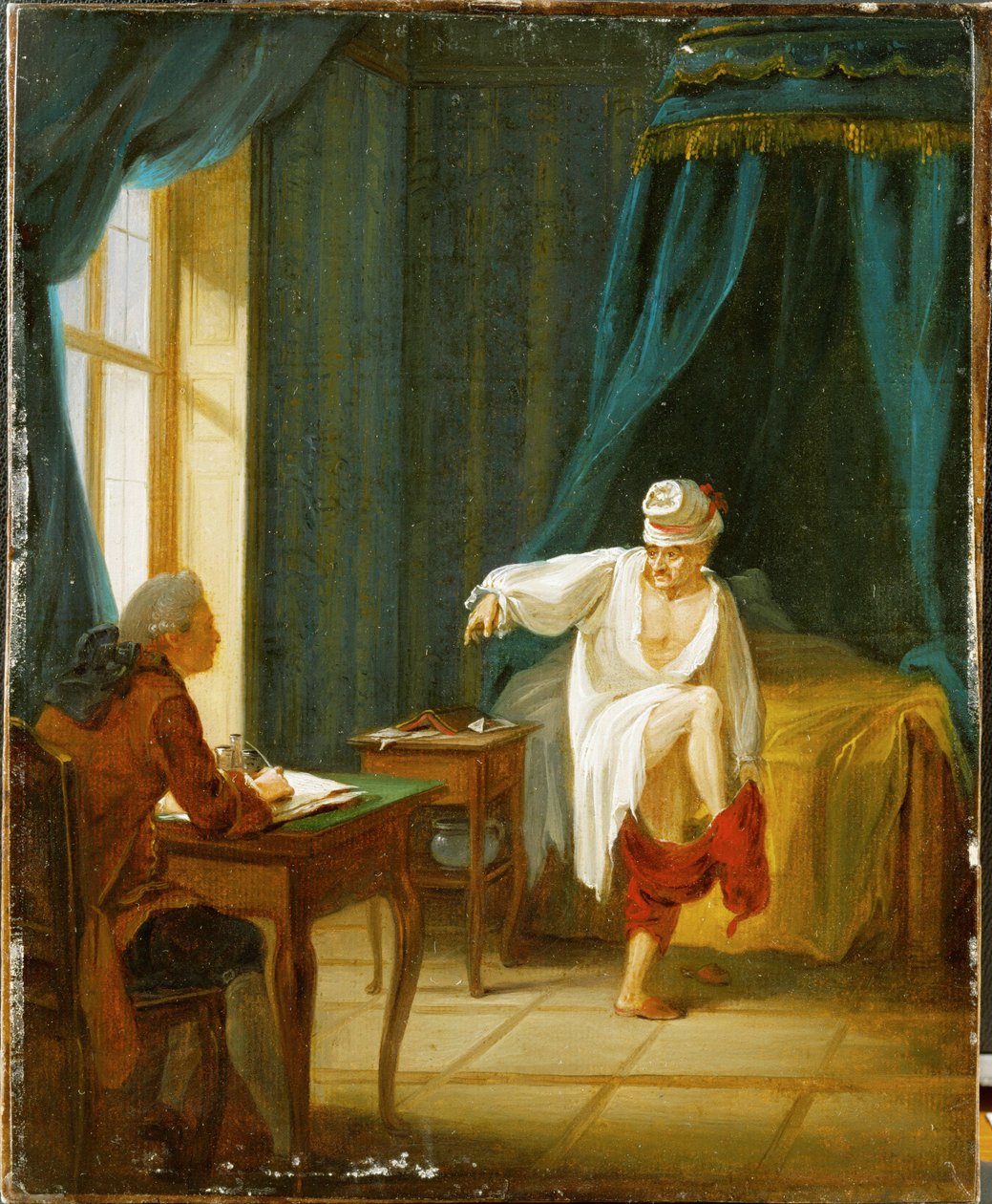 Voltaire i nattskjorta, tar på sig byxorna medan han dikterar för sin sekreterare, i sitt hem i Fernet, Frankrike ... (olja på papper limmad på kartong) av Jan Huber