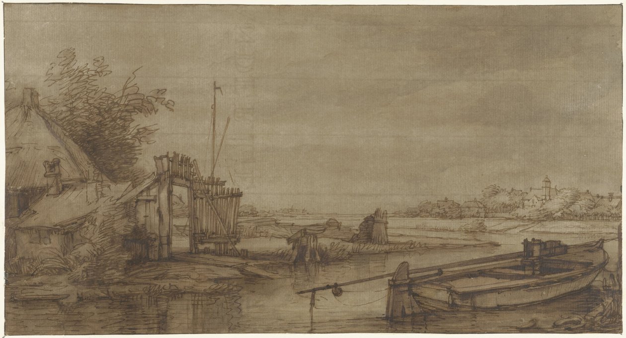 Segelvy med gård och liggande pråm av Jan Hulswit (possibly)