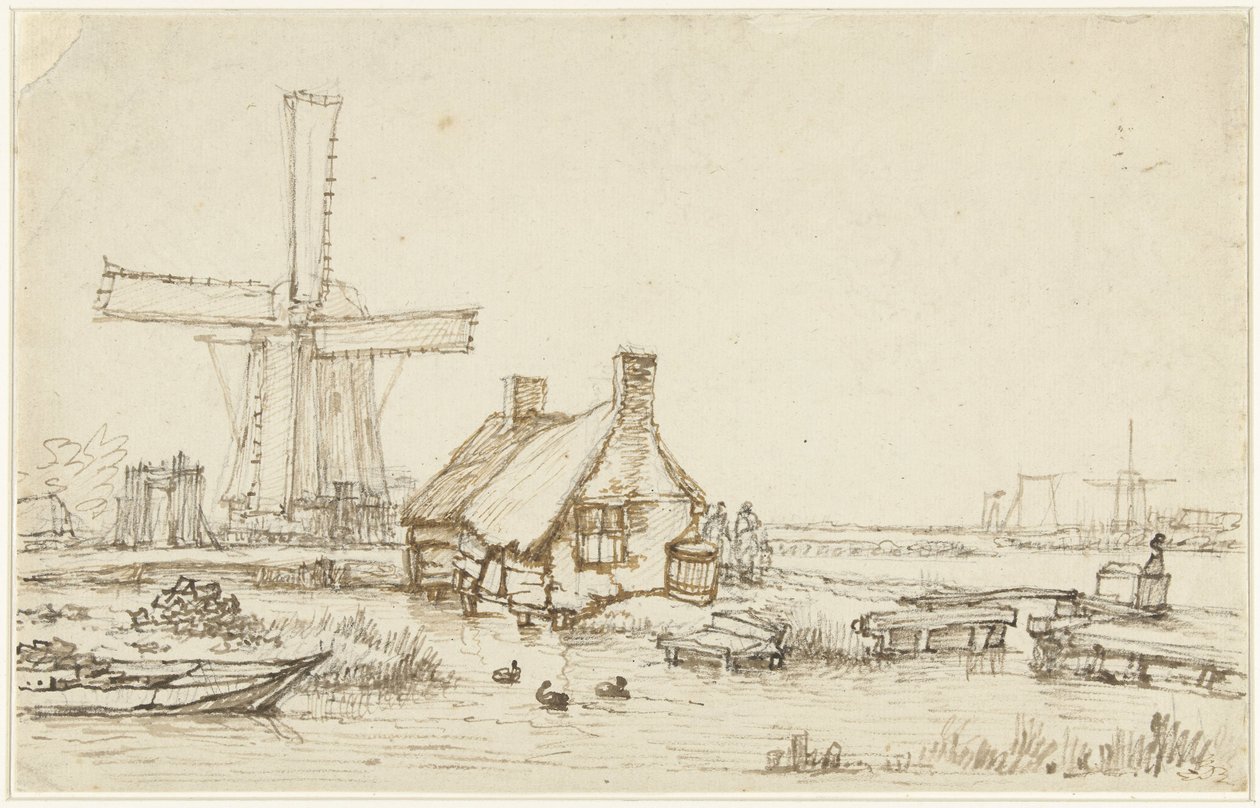 Landskap med hus och väderkvarn av Jan Hulswit