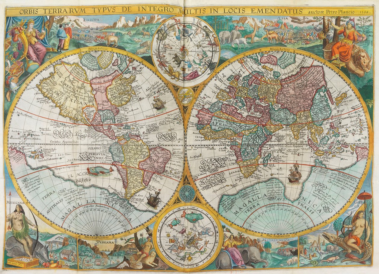 Itinerarium. Världskarta med dräkter, infödda, skepp, växter och djur, 1644. av Jan Huygen van Linschoten