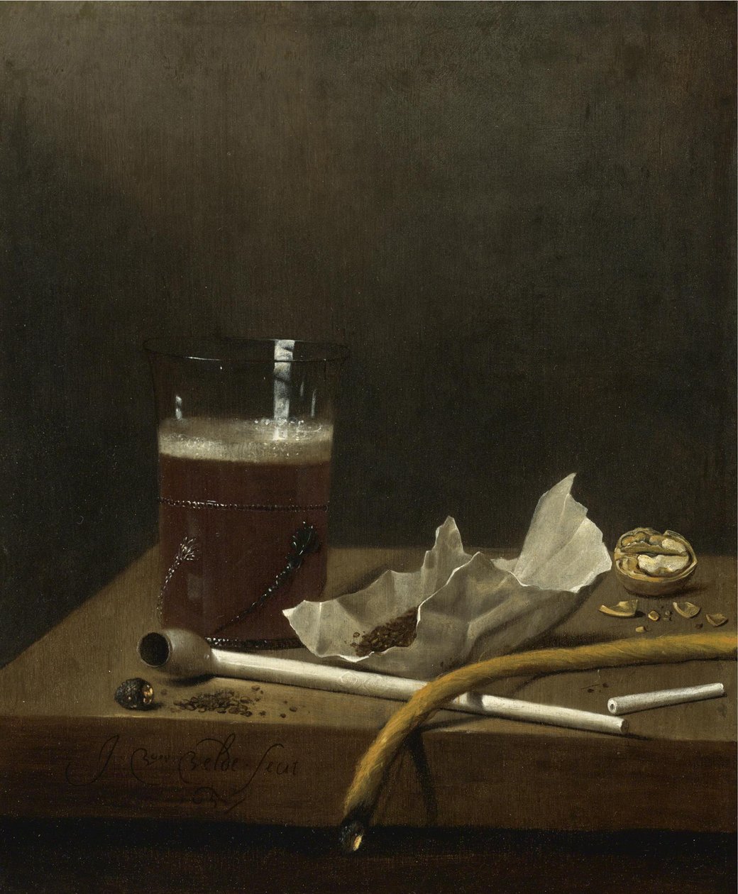 Stilleben med ett glas öl, en pipa, tobak och andra förnödenheter för rökning, 1658 av Jan III van de Velde