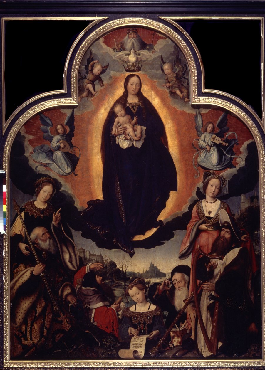 ""La Vierge en Gloire"" (Jungfruns förhärligande) Bland karaktärerna kring Jungfrun och Jesus Kristus: Kung David spelar harpa, den romerske kejsaren Augustus (Caius Julius Caesar Octavianus Augustus) (63 f.Kr.-14 e.Kr.), profeter av Jan II Provost