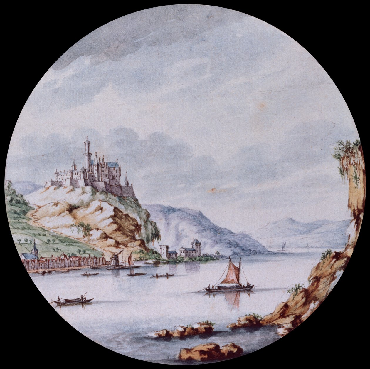 En utsikt längs Rhen med byn St. Goar och slottet Rheinfels (svart bly, penna, grått bläck och akvarell) av Jan I van Call