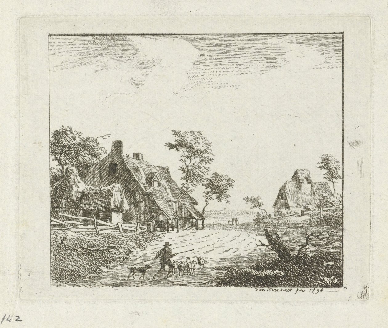 Landskap med herde och får nära två gårdar av Jan Izaak van Mansvelt