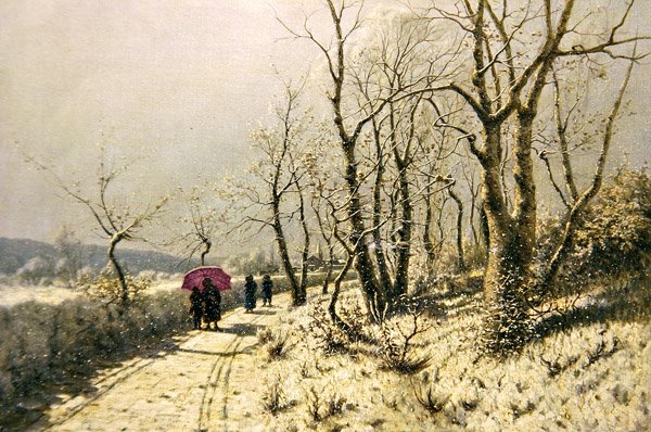 Snöig vinterdag med figurer på stigen (olja på duk) av Jan Jacob Lodewiks Ten Kate