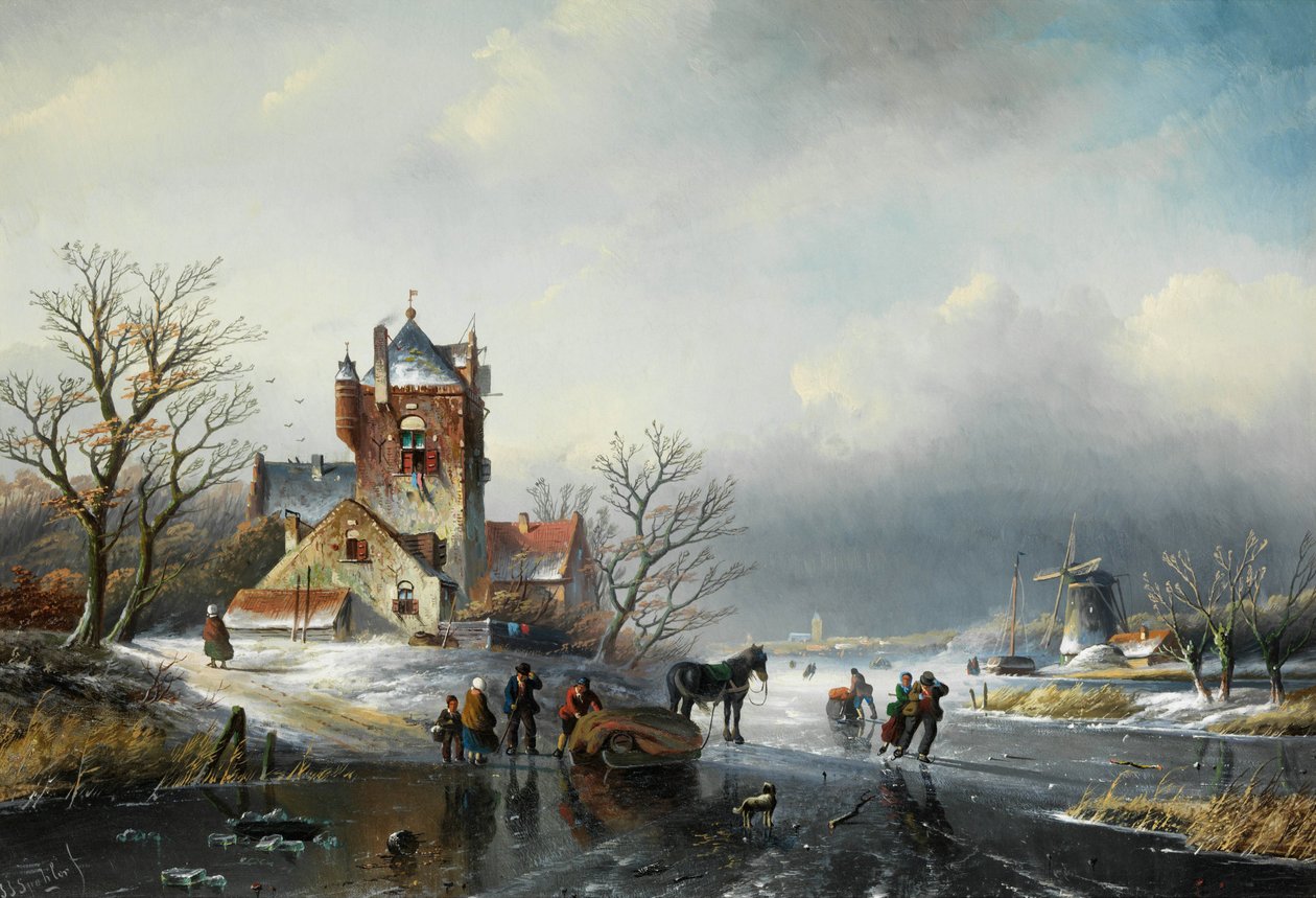 Jan Jacob Spohler Vinterlandskap med väderkvarn och skridskoåkare av Jan Jacob Spohler