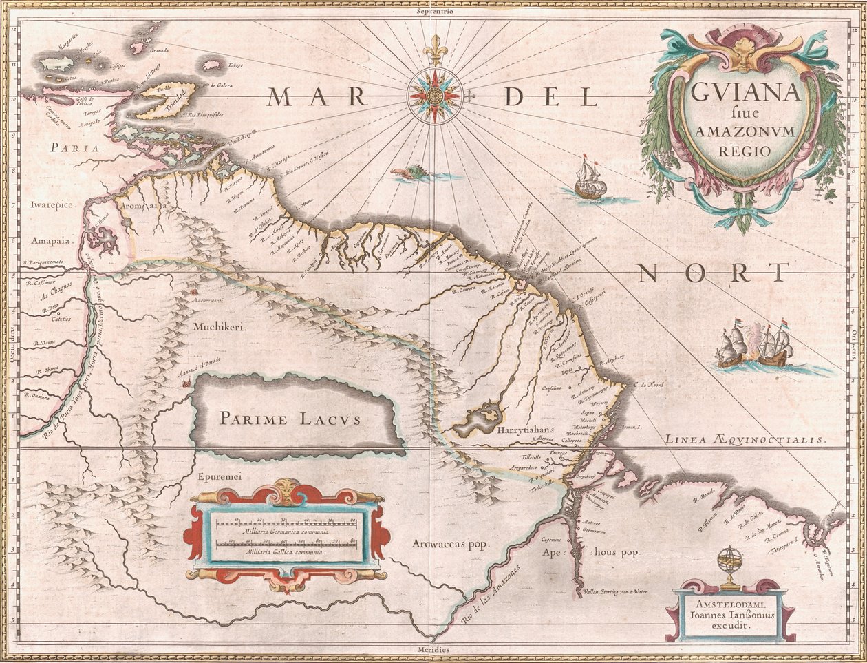 En karta skapad cirka 1649 som visar Guiana-regionen. Territorium som Spanien hävdar i rött i väster, Holländsk Guyana markerat i gult och portugisiskt territorium i rött i sydost. Den mytomspunna Parimesjön är också synlig av Jan Janssonius