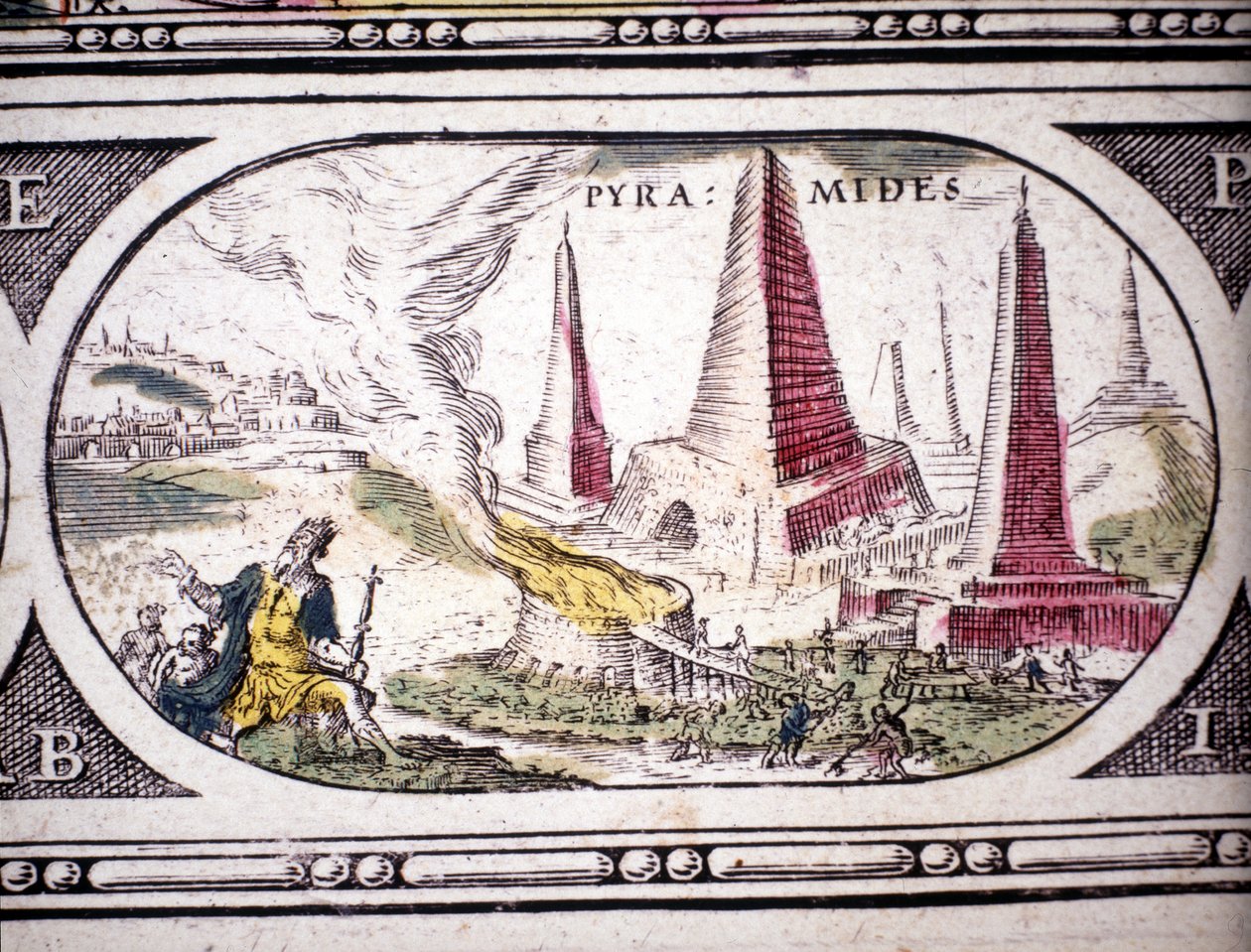 Representation av antikens sju underverk: pyramiderna i Egypten. i Atlas of Jansson Janssonius tryckt i Amsterdam 1630. Privat samling. av Jan Janssonius
