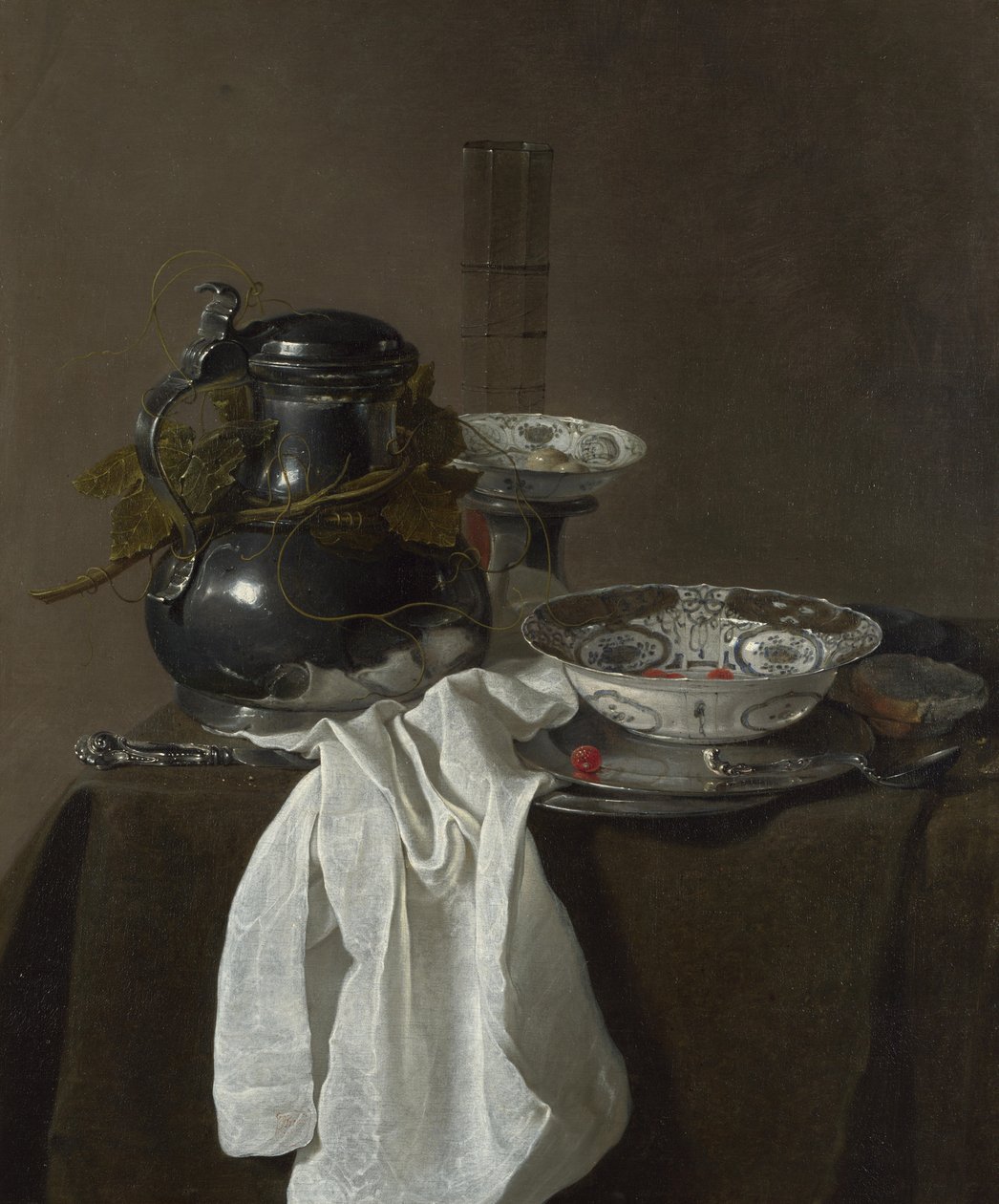 Stilleben med en tennflagon och två Ming-skålar, 1651 av Jan Jansz. Treck