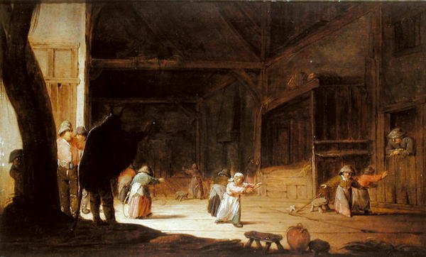 En maskeradare som skrämmer barn i en lada av Jan Jansz van Buesem