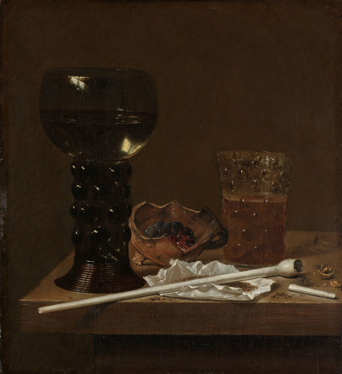 Stilleben med Roemer, ölglas och en pipa av Jan Jansz. van de Velde (III)