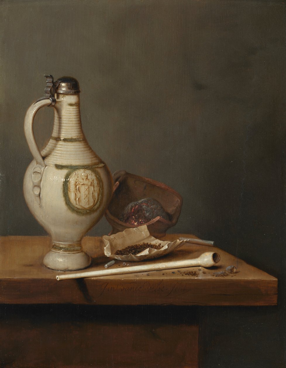 Stilleben med stengodskanna och pipa, mitten av 1650-talet (olja på pannå) av Jan Jansz. van de Velde