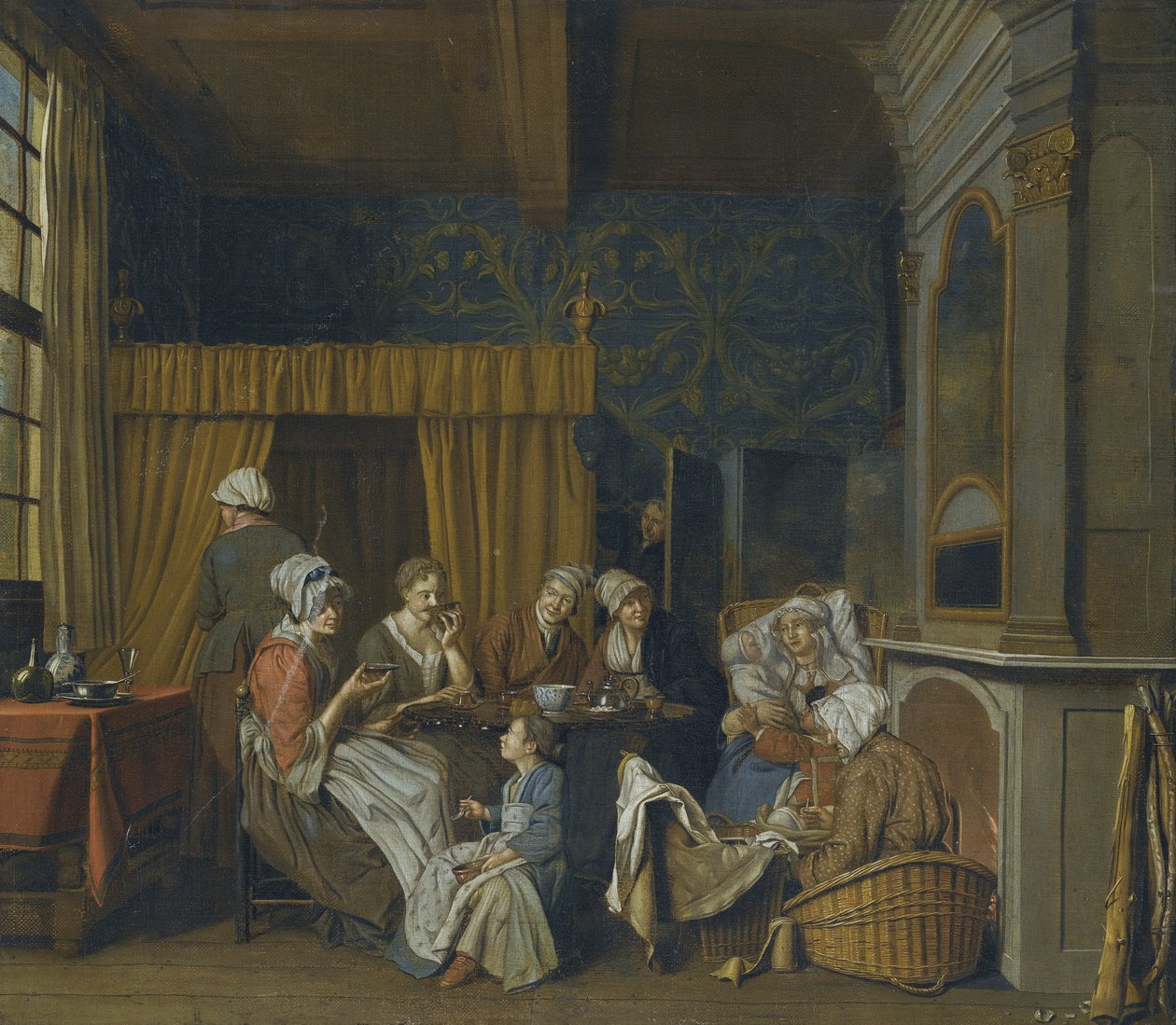En familj som dricker te medan de firar tvillingarnas födelse av Jan Josef Horemans the Younger