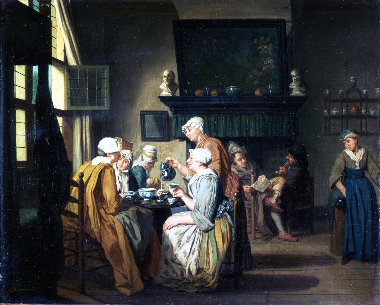 Borgerlig interiör med damer som dricker te, en man som läser vid den öppna spisen av Jan Josef the Elder Horemans
