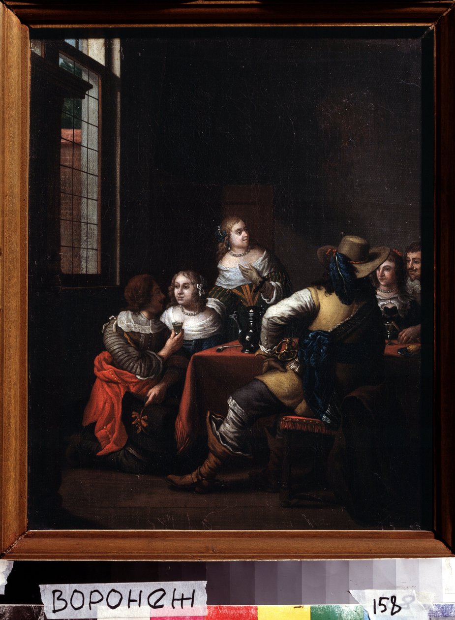 ""Les festivites"" (The merrymeeting) grupp ryttare och damer samlades glatt runt ett bord. Målning av Jan Joseph Horemans den äldre (1682-1759) 1700-talets Ivan Kramskoy (eller Kramskoi) konstmuseum i Voronezh (Voronezh), Ryssland. av Jan Josef the Elder Horemans
