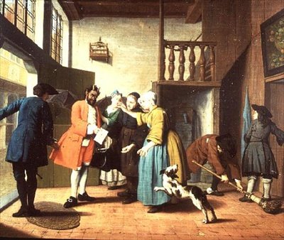 Doktorns besök - ett nederländskt ordspråk: Doktorn avbildas som djävulen när han återvänder till huset för att lägga fram sin proposition (en av fyra) av Jan Josef the Elder Horemans