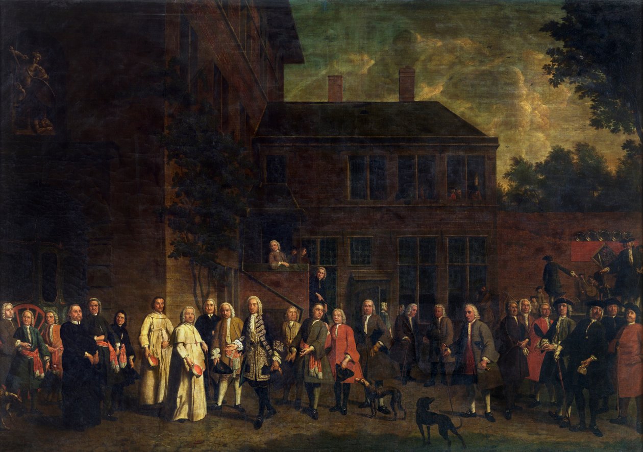 Medlemmarna i fäktarskrået välkomnar abboten av Sint-Michiels av Jan Josef the Younger Horemans