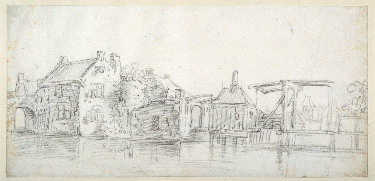 En kanal med byggnader, inklusive ett tullhus och en tullbro, c.1650 (svart krita på vitt papper) av Jan Josefsz. van (circle of) Goyen