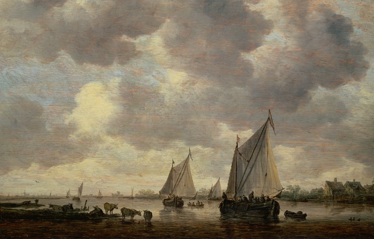 En kanal i Holland, eller två stora segelfartyg och boskap nära en flod av Jan Josephsz van Goyen