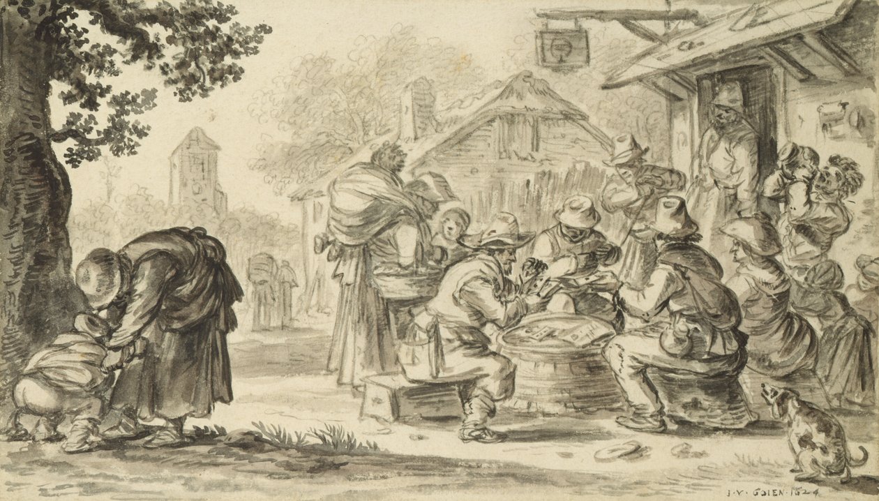 A Farmers Card Game framför värdshuset, 1624 (penna, penna och bläck och pensel på papper) av Jan Josephsz van Goyen