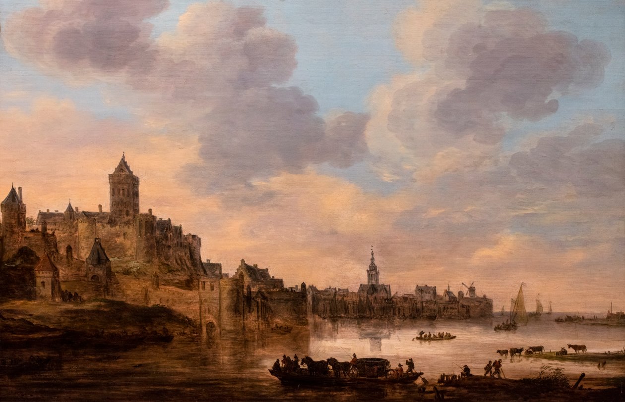 En stor färja med en vagn med fyra hästar (Nimegue) av Jan Josephsz van Goyen