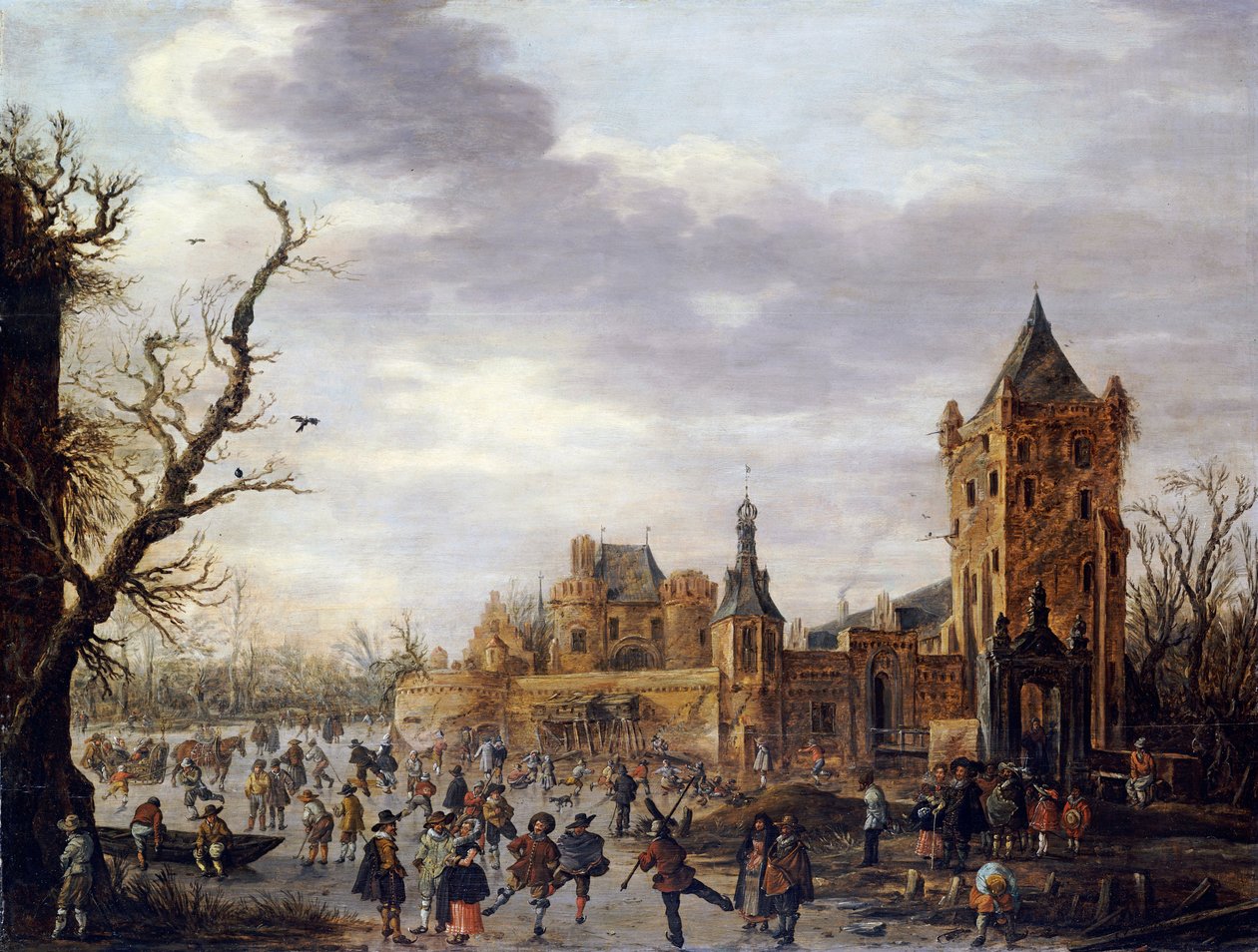 En utsikt över Kasteel Batestein Vianen, på vintern med en gentleman, hans fru och följe som tittar på vintersporter på isen av Jan Josephsz van Goyen