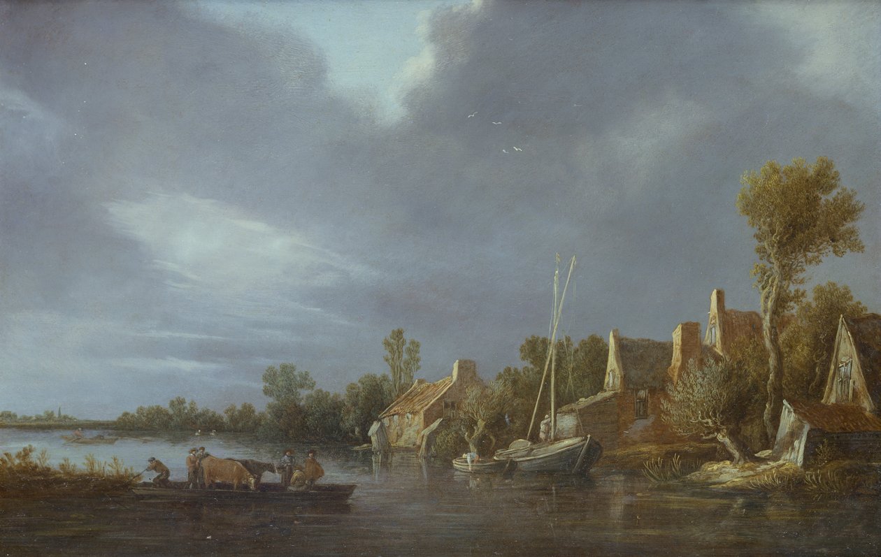En by vid en flod med bönder och boskap på en färja av Jan Josephsz van Goyen