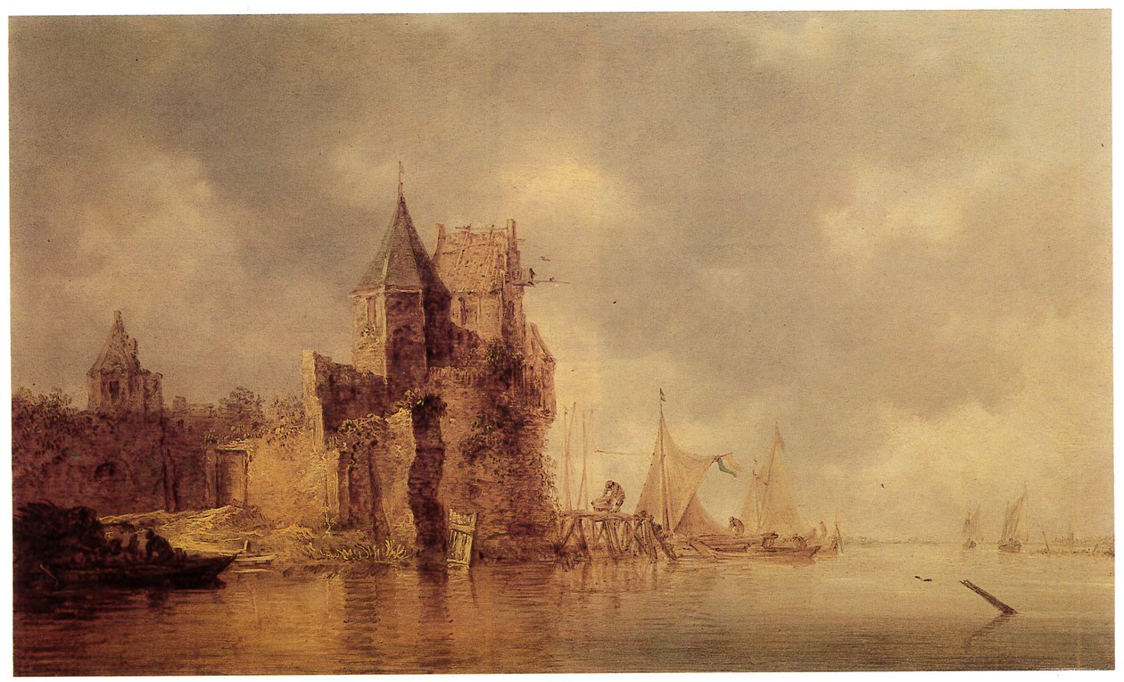 Ett medeltida torn på en slottsvall med segelfartyg vid en brygga och en roddbåt i förgrunden, ca 1642 (olja på panel) av Jan Josephsz van Goyen