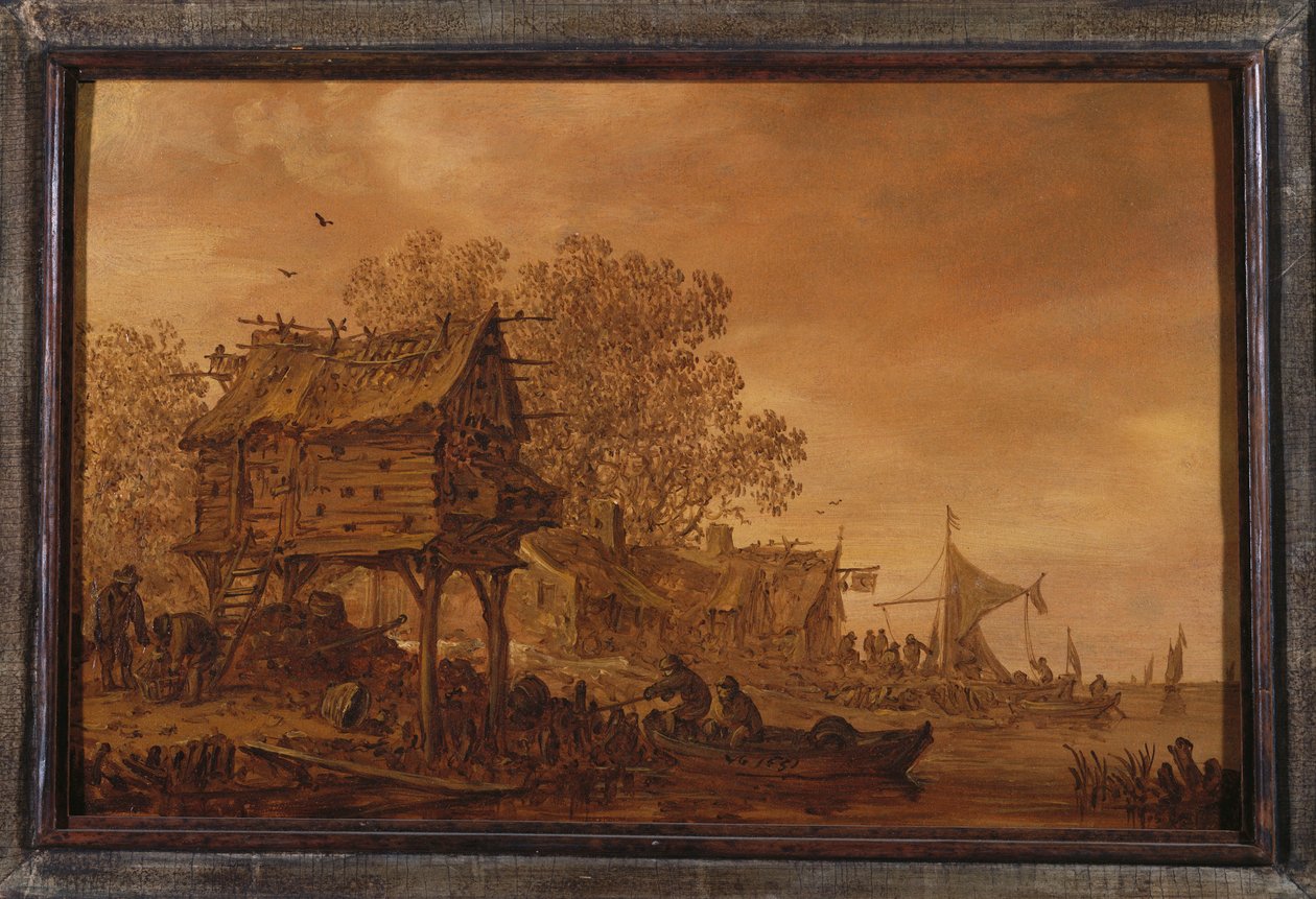 En by vid en flodstrand med bönder i en båt vid ett duvslag, 1651 av Jan Josephsz van Goyen