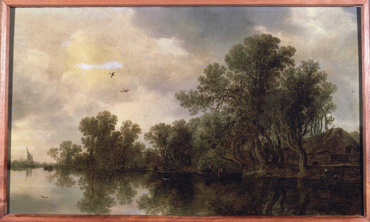 Ett trädbevuxet flodlandskap, med bönder i en roddbåt vid en stuga och en färja, en segelbåt i fjärran, 1633 av Jan Josephsz van Goyen