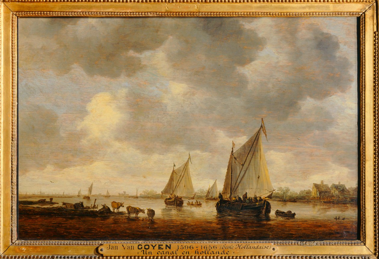 Deux grandes barques à voiles sur un fleuve et bestiaux près de la rive - Två stora segelbåtar på en flod och djur på stranden ... av Jan Josephsz van Goyen