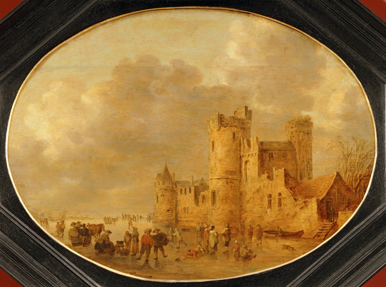 Skridskoåkare framför ett medeltida slott ... av Jan Josephsz van Goyen