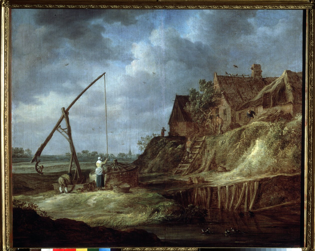 ""Landskap vid brunnen"" Hus eller holländsk bondgård med halmtak. (Landskap med dragbrunn) Målning av Jan Josefsz van Goyen (1596-1656) 1642 Pushkin-museet, Moskva av Jan Josephsz van Goyen
