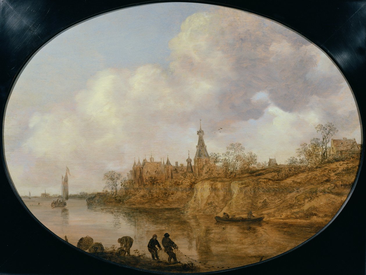 Tre fiskare som drar ett nät och korgar på stranden av ett flodlandskap med ett slott och en by i fjärran av Jan Josephsz van Goyen