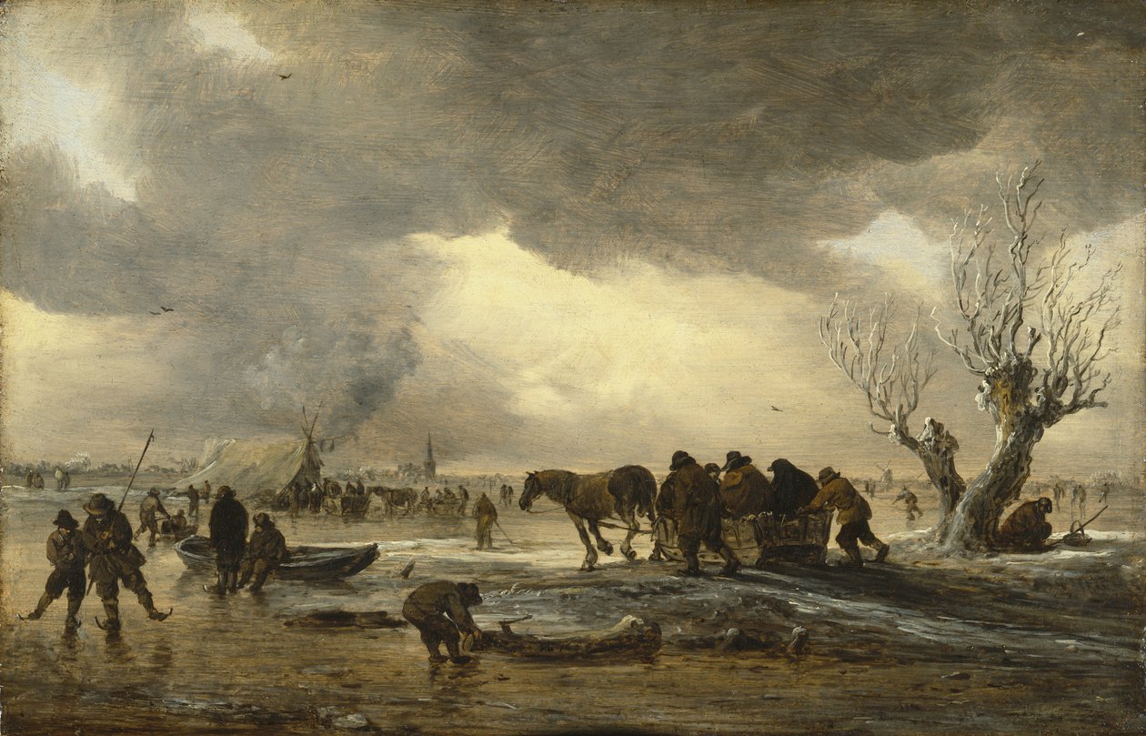 Vinterscen med en släde i förgrunden och figurer som samlas runt ett tält på isen av Jan Josephsz van Goyen