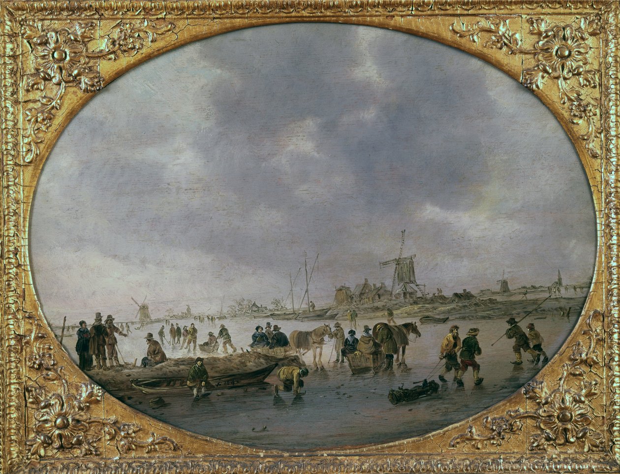 Vinterscen med figurer på en frusen sjö (olja på pannå) av Jan Josephsz van Goyen