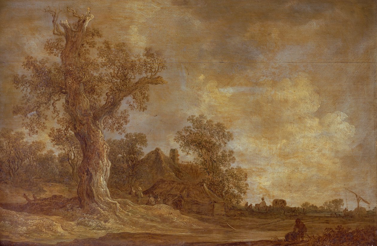 Skogbevuxen landskap med figurer och ek av Jan Josephsz van Goyen