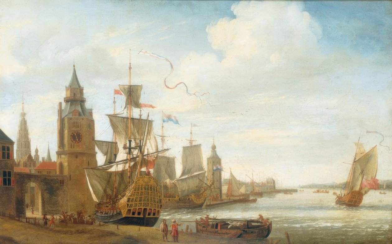 Capriccio med motiv av hamnen i Antwerpen av Jan Karel Donatus van Beecq