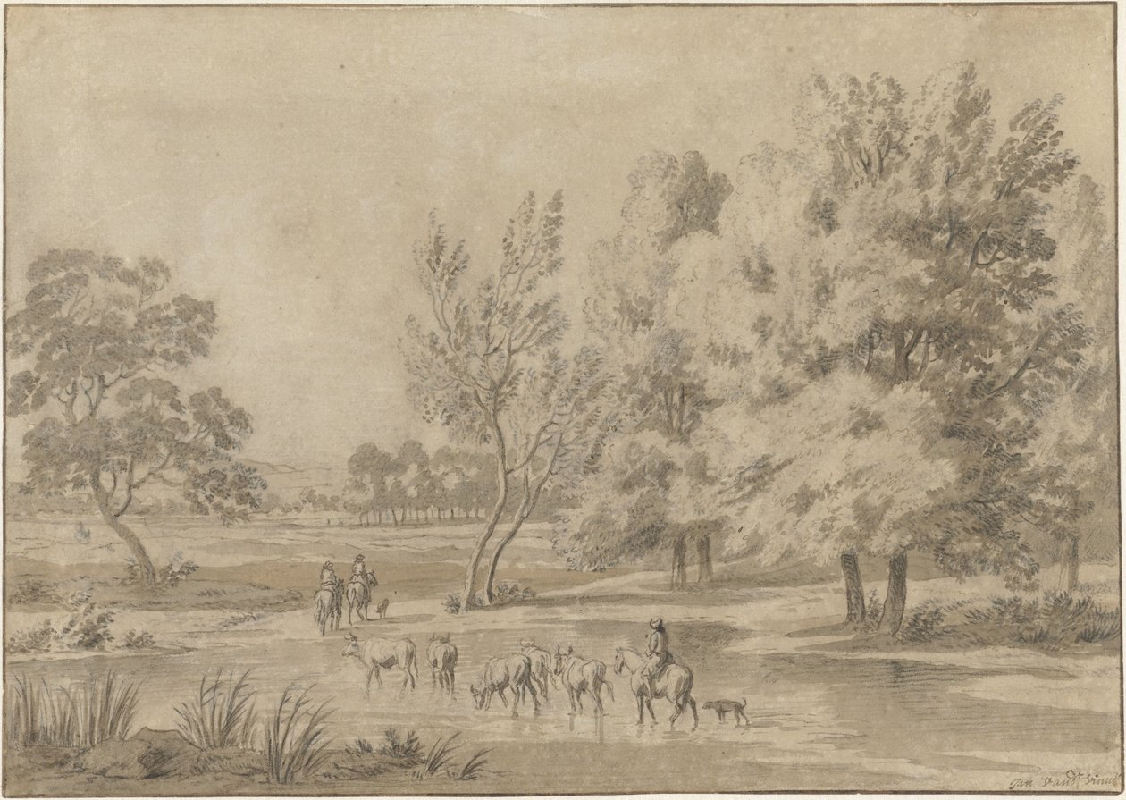 Landskap med träd, ryttare och några kor på en vattningsplats av Jan Laurensz. van der Vinne