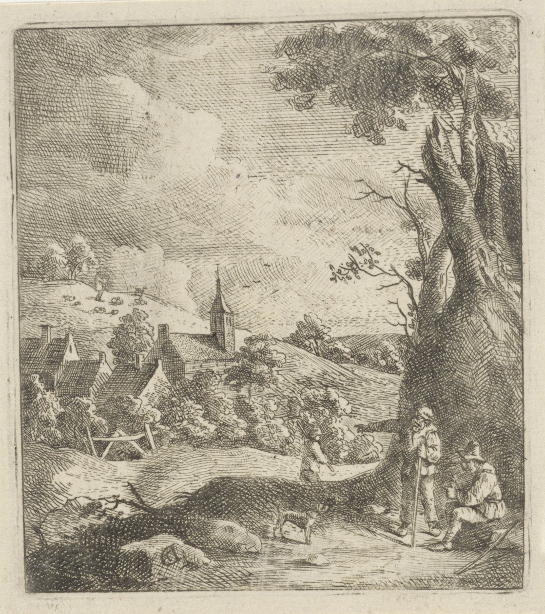 Landskap med en by och två män vid ett träd av Jan Lauwryn Krafft (I) (attributed to)