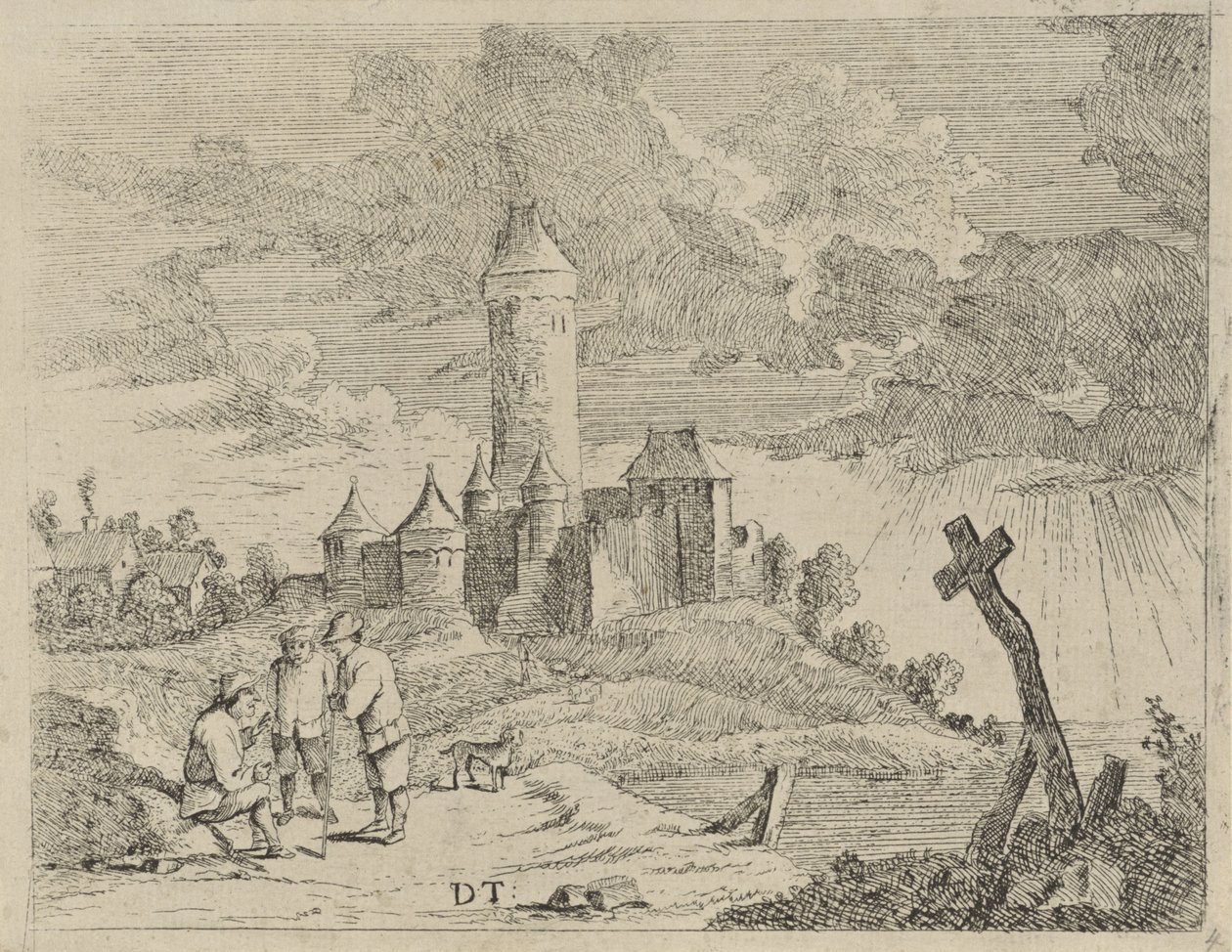 Landskap med ett slott och tre män av Jan Lauwryn Krafft (I) (possibly)