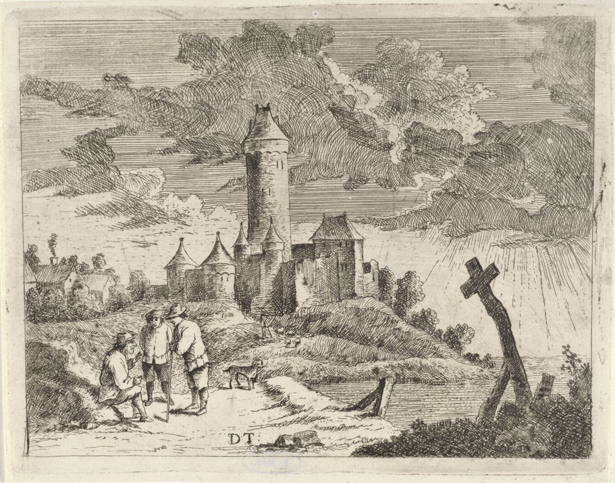 Landskap med ett slott och tre män av Jan Lauwryn Krafft (I) (possibly)